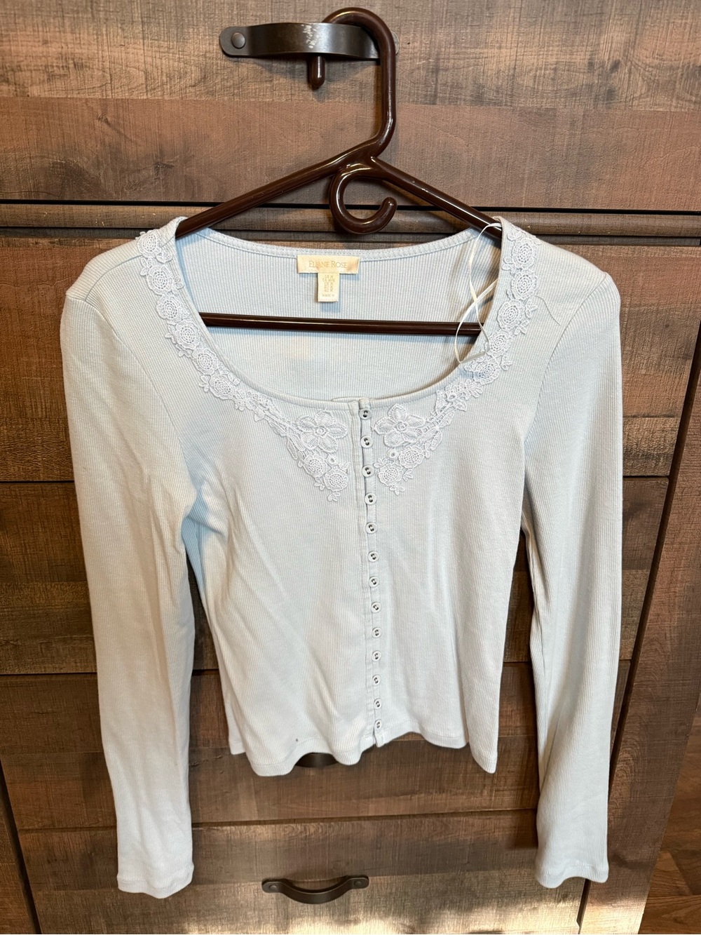 Ellen Tracy Pale Blue Lace-Trim Long Sleeve Snap Cardigan